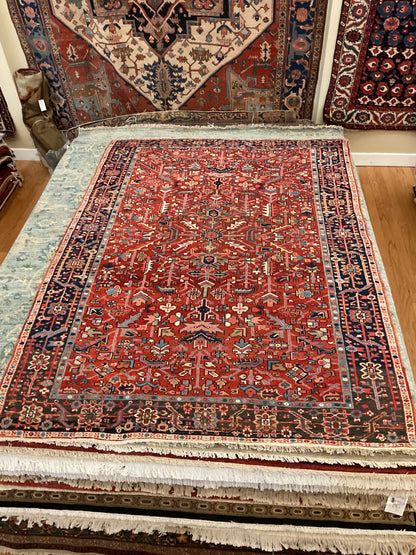 Antique Persian Heriz Rug, 6'10" x 9'5", in baby blue, navy and red