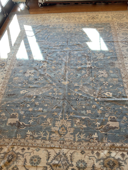 Afghan Peshawar Rug, 12' x 14'8", in beige, blue, grey and ivory