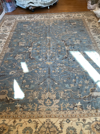 Afghan Peshawar Rug, 12' x 14'8", in beige, blue, grey and ivory - photo 2
