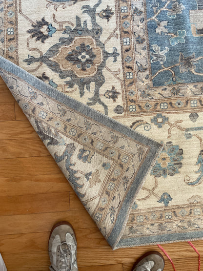 Afghan Peshawar Rug, 12' x 14'8", in beige, blue, grey and ivory - photo 4