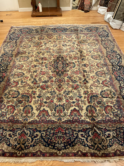 Antique Persian Kerman Rug, 11'5" x 14'2", in ivory, navy, pink and red