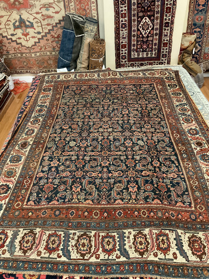 Antique Persian Kurdish Bidjar Rug, 7'11" x 11'11", in ivory, navy and rust