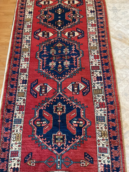 Antique Persian Sarab Runner, 3'3" x 10'1", in ivory, navy and red