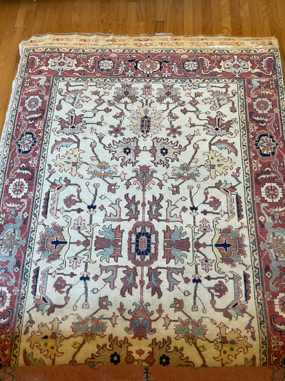 Indian Heriz Rug, 5'11" x 9'2", in baby blue, ivory and rose