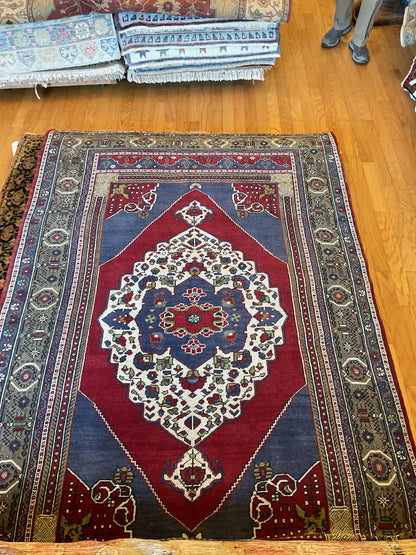 Vintage Turkish Anatolian Rug, 5'5" x 8'4", in blue, ivory, olive and red