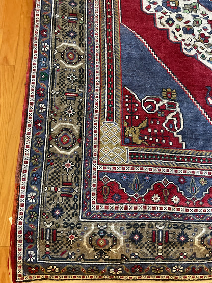 Vintage Turkish Anatolian Rug, 5'5" x 8'4", in blue, ivory, olive and red - photo 3