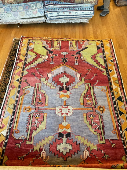 Vintage Turkish Anatolian Rug, 5'6" x 9'7", in orange, periwinkle, red and yellow