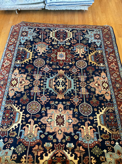 Indian Karajh Rug, 6' x 8'9", in baby blue, navy, peach and red