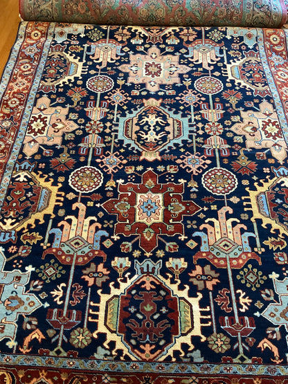 Indian Karajh Rug, 6' x 8'9", in baby blue, navy, peach and red - photo 2