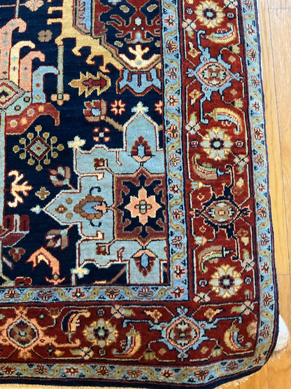 Indian Karajh Rug, 6' x 8'9", in baby blue, navy, peach and red - photo 3