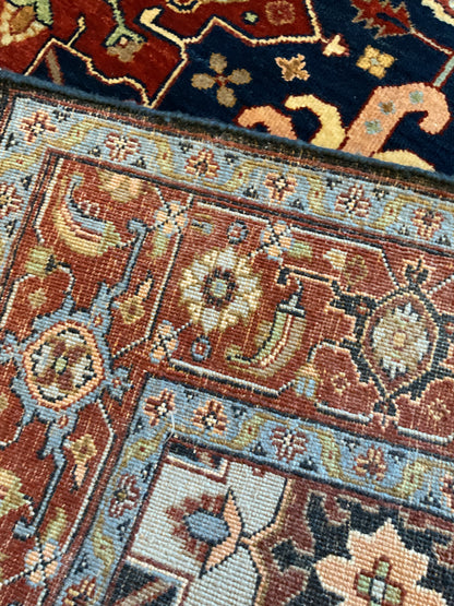 Indian Karajh Rug, 6' x 8'9", in baby blue, navy, peach and red - photo 4