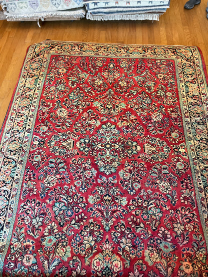 Antique Persian Sarouk Rug, 5'9" x 8'7", in green, ivory, navy and red