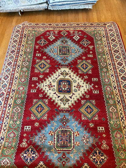 Afghan Kazak Rug, 6'1" x 9'1", in baby blue, green, ivory and red