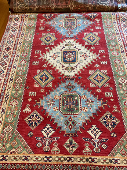 Afghan Kazak Rug, 6'1" x 9'1", in baby blue, green, ivory and red - photo 2