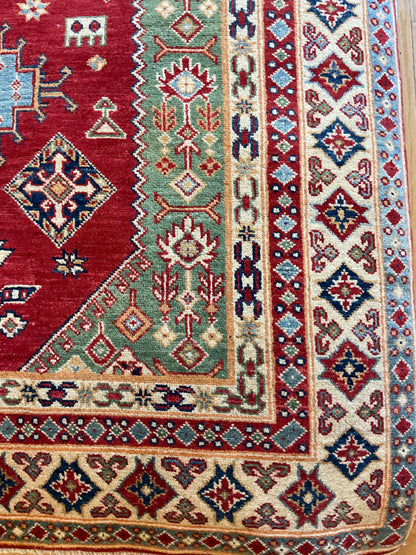 Afghan Kazak Rug, 6'1" x 9'1", in baby blue, green, ivory and red - photo 3