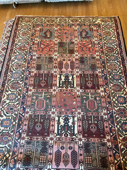 Vintage Persian Baktarie Rug, 5'4" x 9'11", in burgundy, green, ivory and salmon