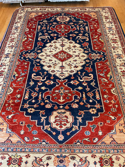 Pakistani Mohal Rug, 5'10" x 8'8", in ivory, navy and red