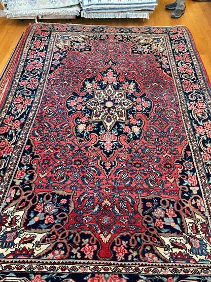 Antique Persian Bidjar Rug, 5'7" x 8'7", in ivory, navy, pink and red