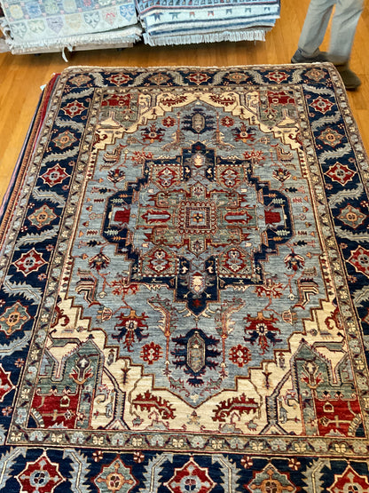 Afghan Heriz Rug, 5'7" x 7'11", in baby blue, ivory, navy and red