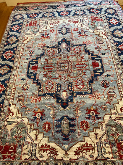 Afghan Heriz Rug, 5'7" x 7'11", in baby blue, ivory, navy and red - photo 4