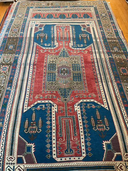 Vintage Turkish Anatolian Rug, 5'4" x 11', in blue, ivory, olive and red
