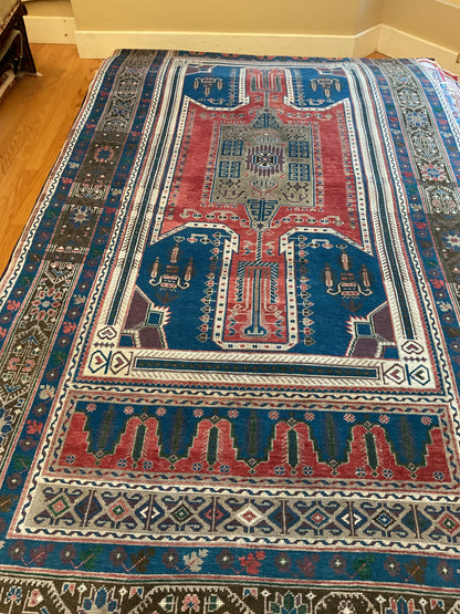 Vintage Turkish Anatolian Rug, 5'4" x 11', in blue, ivory, olive and red - photo 2