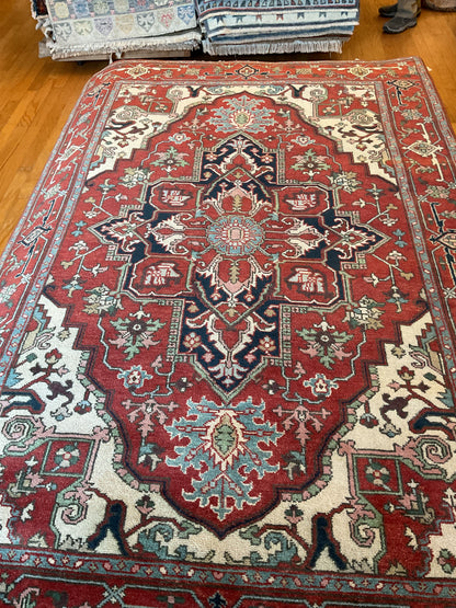 Indian Heriz Rug, 6' x 9', in baby blue, ivory, navy and red