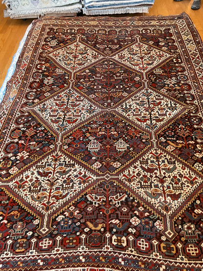 Antique Persian Shiraz Rug, 5'9" x 8'1", in brown, ivory, navy and red