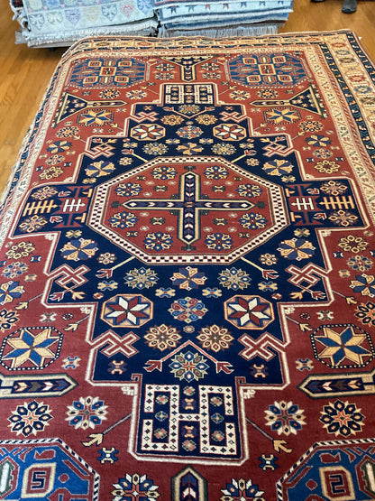 Pakistani Kazak Rug, 6'4" x 9'7", in blue, ivory, navy and red