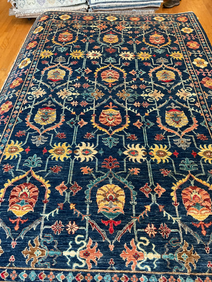 Afghan Mohal Rug, 5'11" x 9'5", in gold, navy, red and teal