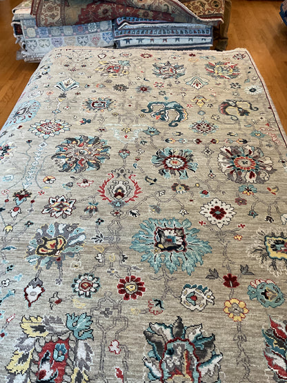 Indian Mohal Rug, 6' x 9', in grey, ivory, red and teal