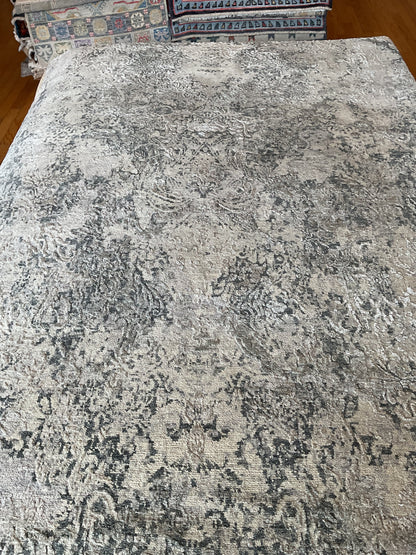 Indian Tibetan Rug with Art Silk, 6' x 8'3", in charcoal, grey, ivory and slate