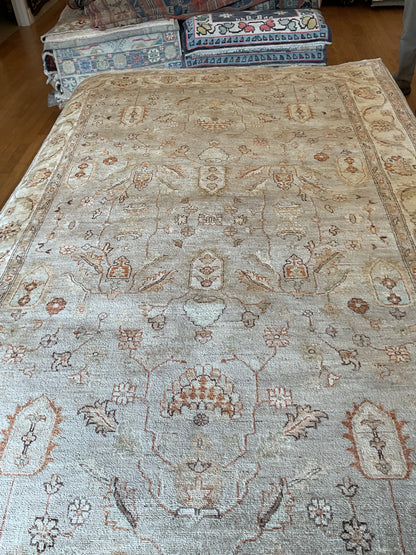 Pakistani Peshawar Rug, 6'1" x 9'7", in baby blue, beige, ivory and rust