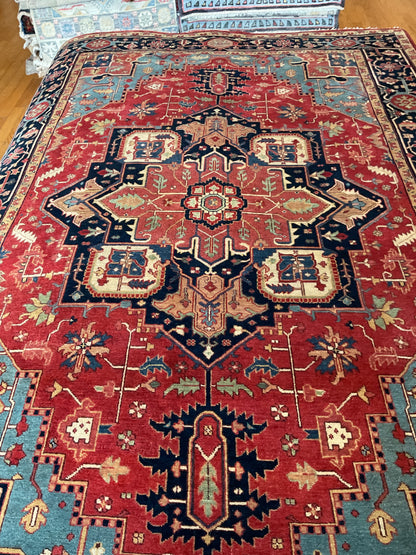 Indian Heriz Serapi Rug, 6'1" x 8'10", in baby blue, ivory, navy and red