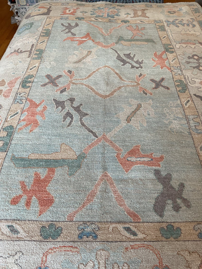 Afghan Oushak Rug, 6'3" x 8'11", in baby blue, beige, grey and salmon