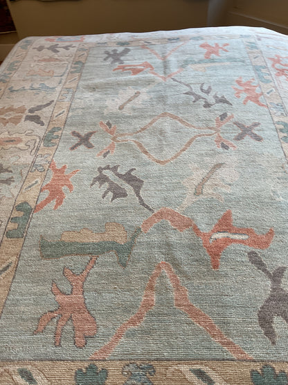 Afghan Oushak Rug, 6'3" x 8'11", in baby blue, beige, grey and salmon - photo 4