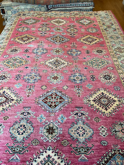 Afghan Kazak Rug, 6'1" x 9'1", in baby blue, ivory, navy and raspberry