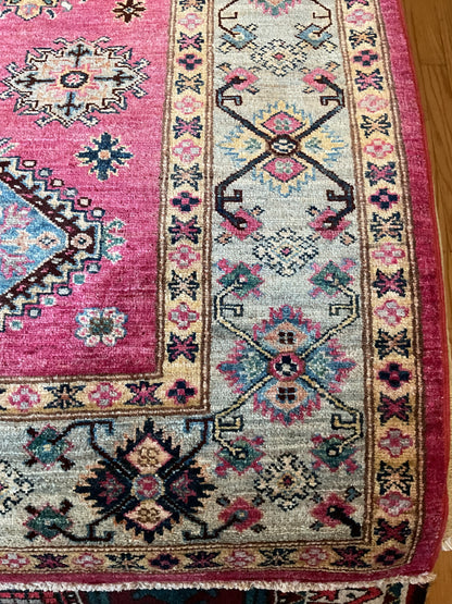 Afghan Kazak Rug, 6'1" x 9'1", in baby blue, ivory, navy and raspberry - photo 2