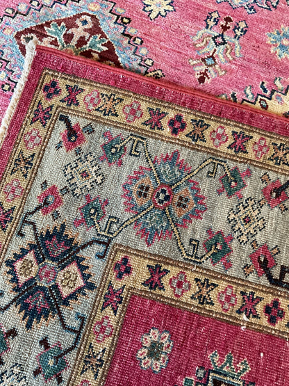 Afghan Kazak Rug, 6'1" x 9'1", in baby blue, ivory, navy and raspberry - photo 3