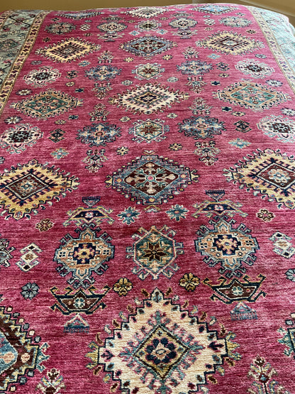 Afghan Kazak Rug, 6'1" x 9'1", in baby blue, ivory, navy and raspberry - photo 4