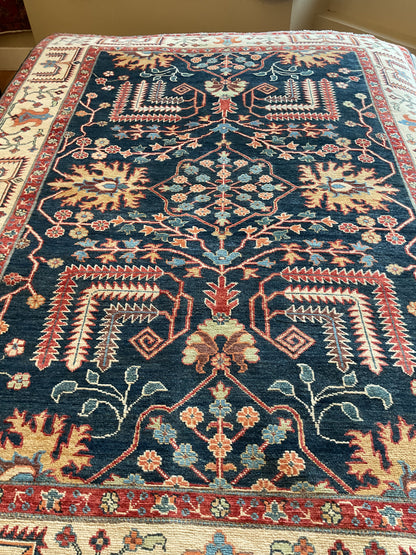 Afghan Mohal Rug, 6' x 8'4", in gold, ivory, navy and red