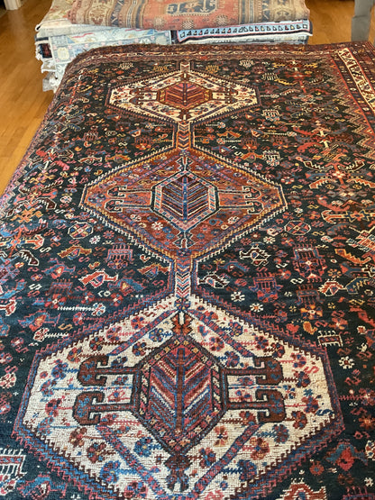Antique Persian Shiraz Rug, 6'8" x 10', in brown, ivory, navy and rust