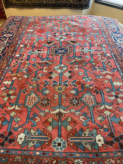 Antique Persian Heriz Rug, 6' x 9', in blue, brick, ivory and navy