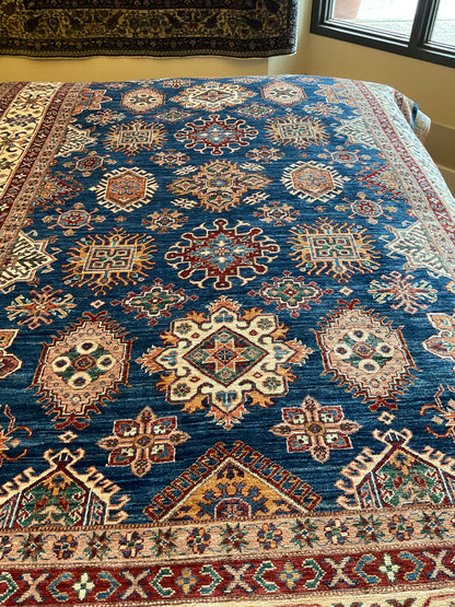 Afghan Kazak Rug, 6'5" x 9'9", in blue, gold, ivory and red