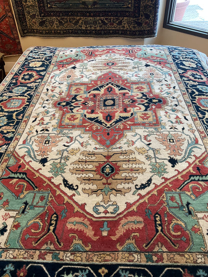 Indian Heriz Serapi Rug, 5'8" x 8'11", in ivory, mint, navy and red