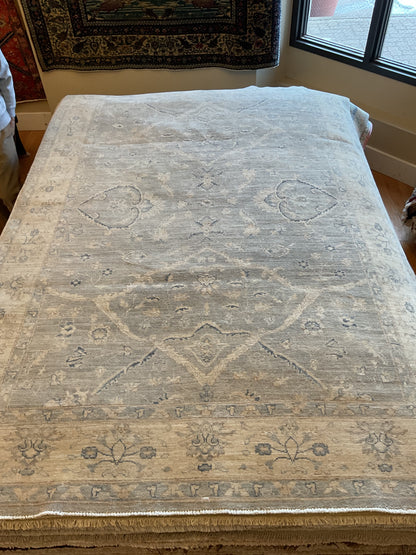 Pakistani Peshawar Rug, 6' x 8'10", in baby blue, beige and grey