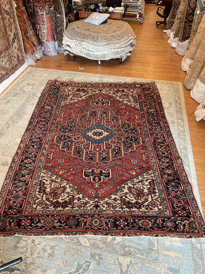 Antique Persian Heriz Rug, 7'6" x 10'7", in black, ivory, navy and red