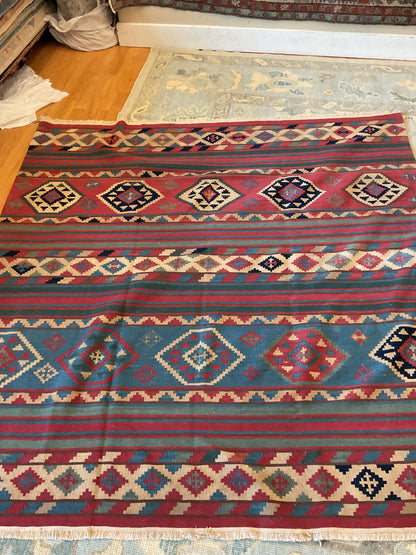 Afghan Kilim, 7' x 7', in blue, ivory, navy and red