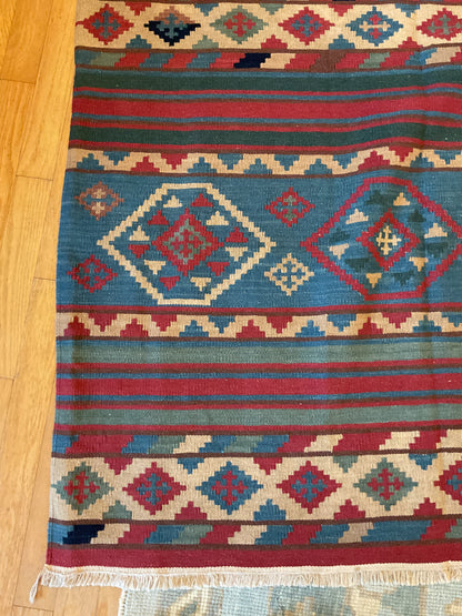 Afghan Kilim, 7' x 7', in blue, ivory, navy and red - photo 2