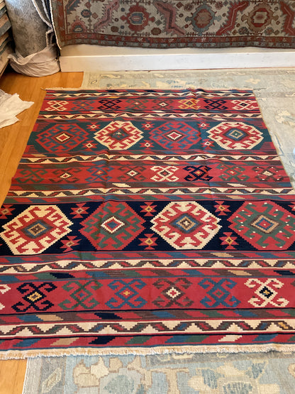 Afghan Kilim, 7'8" x 8', in green, ivory, navy and red